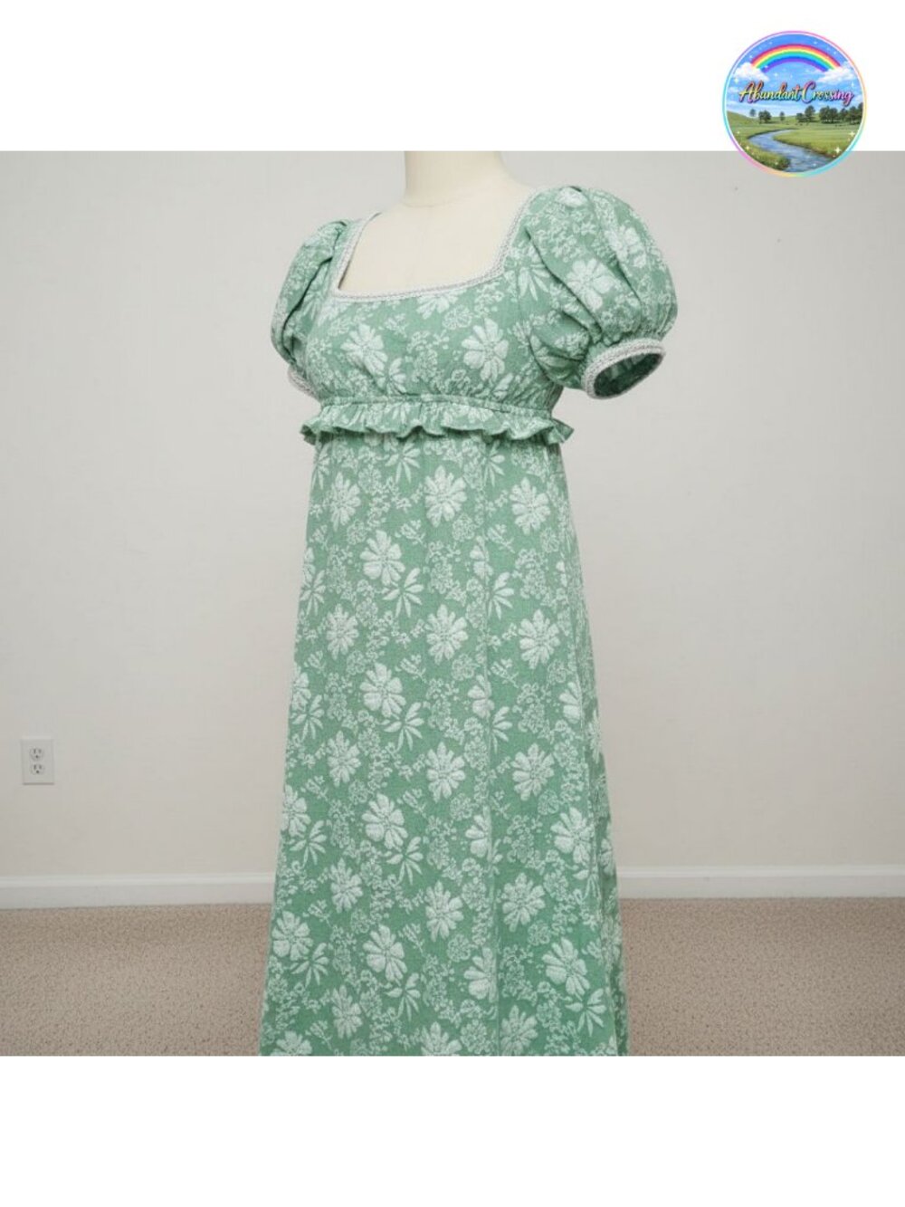 Regency Victorian Dress Puff Sleeve Pearl Trim Smocked Empire Waist Long Gown